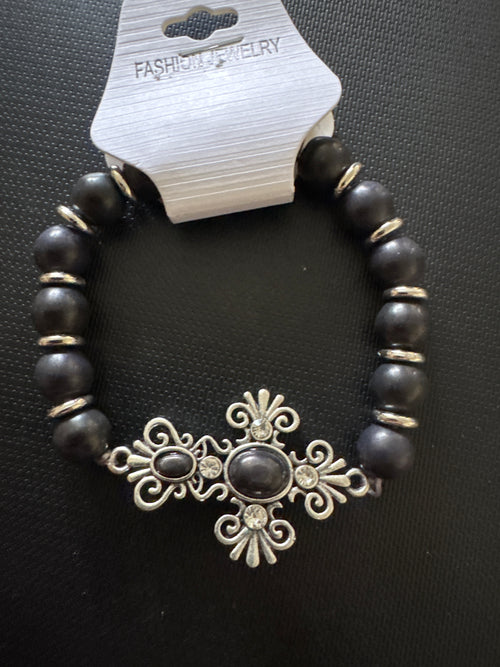 Beaded metal stretchy cross bracelet. NEW. Choice of color.